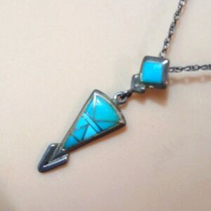 Rare Turquoise Inlay Sterling Pendant Vintage Signed JP